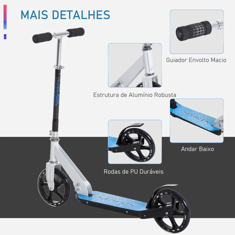 HOMCOM Trotinete para Crianças Scooter Dobrável Guiador Regulável Quadro Alumínio Leve e Estável Carga 100kg Branca - 68x34x60-73,5cm