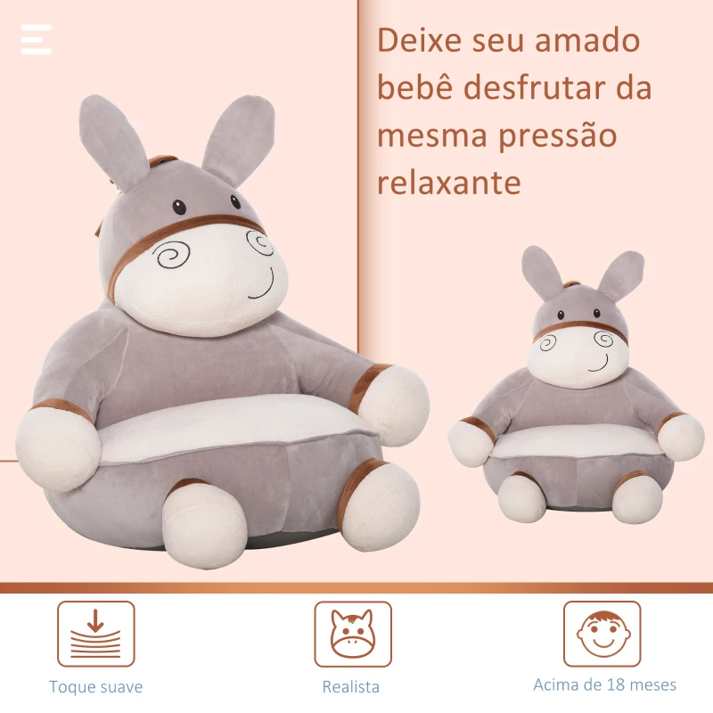 HOMCOM Mini sofá infantil para crianças acima de 18 meses em forma de burro com assento acolchoado 60x55x60cm cinza
