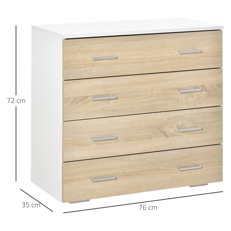 HOMCOM Cómoda com 4 Gavetas Cómoda Auxiliar de Armazenamento Moderna para Dormitório Corredor Sala de Estar 76x35x72cm Carvalho e Branco