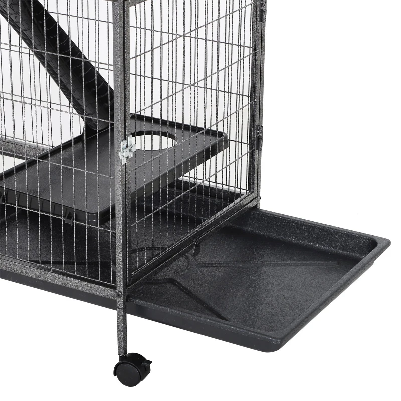 PawHut Gaiola grande para Roedores 80x52x128 cm Casa de 4 Alturas com Rampas Suspensa Rede Bandeja Removível Rodas Portas Cinza Prateado