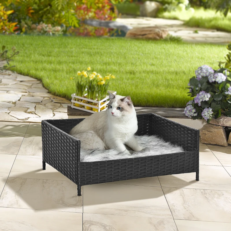 PawHut Sofá Cama para Cães de Vime Cama Elevada para Gatos Retangular com Almofada Suave e Lavável para Interior e Exterior 61x46x24,5cm Preto