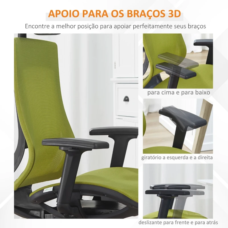 Vinsetto Cadeira de Escritório Giratória Ergonômica com Altura Ajustável Apoio para os Braços Apoio para a Cabeça e Encosto Alto de Malha 66,5x66x120-128cm Verde