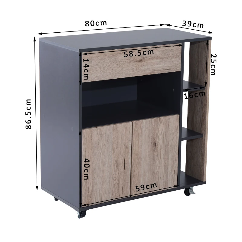 HOMCOM Armário de cozinha com gaveta Prateleiras Rodas com freios 80x39x86,5 cm Preto