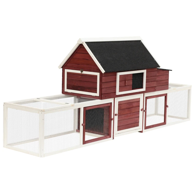 PawHut Galinheiro externo de madeira com 2 gabinetes para execução rampa e ninho com telhado de asfalto 290x71x119 cm Vermelho