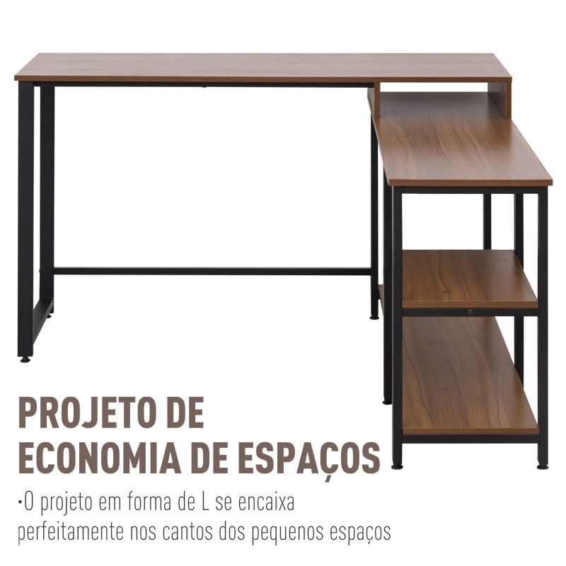 HOMCOM Mesa de Computador em Forma de L Secretária de Escritório de Canto com Múltiplas Prateleiras e Superfície de Melamina 130x130x78cm Nogueira