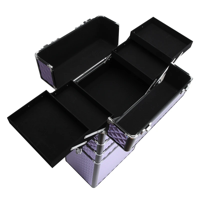 HOMCOM Mala de Maquilhagem Professional com Rodas Universais Diferentes Níveis e Alça Extensível 33,5x23x76-95,5 cm Roxo