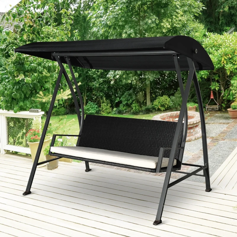 Outsunny Baloiço de Jardim de Vime PE com 3 Lugares Estrutura de Metal Almofada Toldo Ajustável Balcão Terraço Patio Carga Máx. 360kg 198x124x179cm Preto
