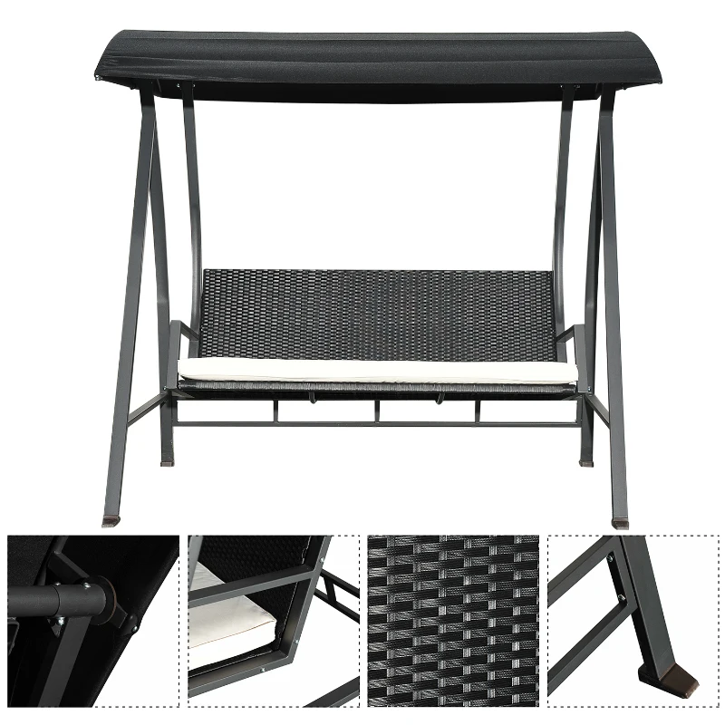 Outsunny Baloiço de Jardim de Vime PE com 3 Lugares Estrutura de Metal Almofada Toldo Ajustável Balcão Terraço Patio Carga Máx. 360kg 198x124x179cm Preto
