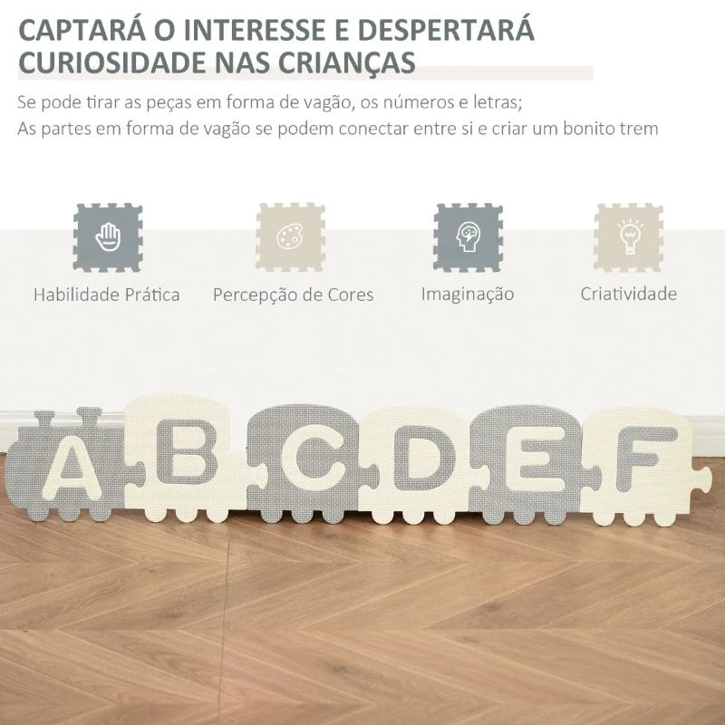 HOMCOM Tapete Puzzle para Bebés 36 Peças 31,5x31,5cm com 26 Letras (A-Z) e Números 0 ao 9 Quebra Cabeça Infantil de 3,24m² Espuma EVA Suave Cinza e Branco