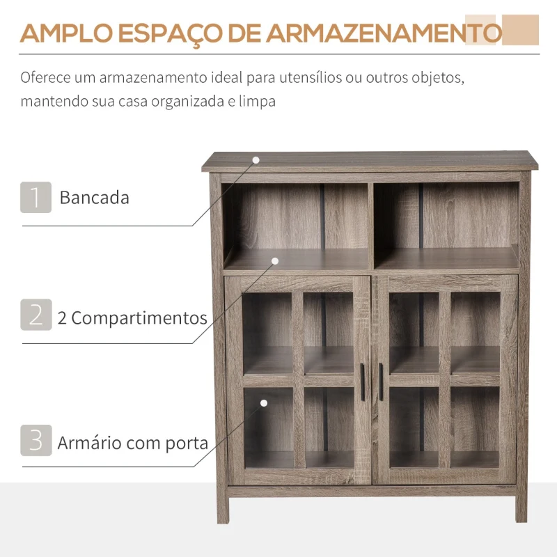 HOMCOM Aparador de Cozinha Armário Buffet com 2 Portas de Vidro e 2 Compartimentos Abertos Móvel Auxiliar de Armazenamento para Sala de Jantar Sala de Estar 90x40x100cm Carvalho