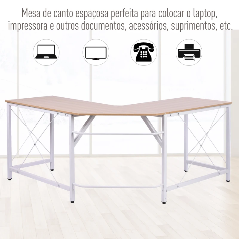 HOMCOM Secretária em Forma de L Secretária para Escritório com Estrutura de Metal Secretária de Canto 150x150x76 cm Branco e Madeira