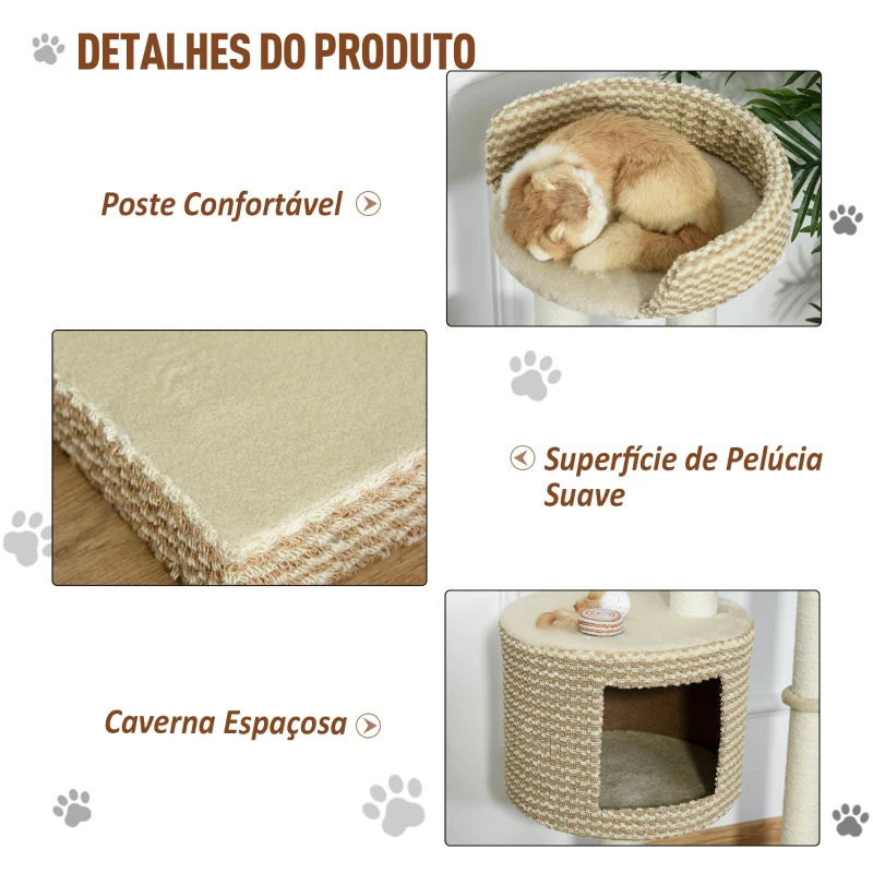 PawHut Árvore para gatos com Caverna de Pelúcia Postes de juta Plataforma confortável 61x41x96 cm Bege e Café