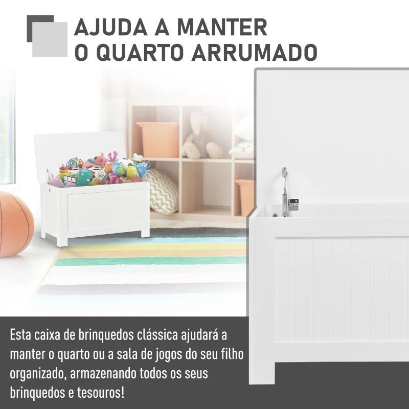 HOMCOM Baú de Armazenamento de Madeira Baú de Arrumação com Dobradiça de Segurança Carga Máxima 20 kg 81x40x46 cm Branco