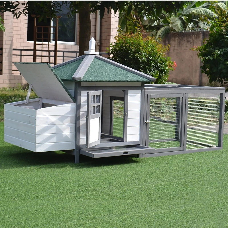 PawHut Galinheiro de madeira de pinho para galinhas exterior com bandeja removível e espaço de corrida 196x76x97 cm Cinza