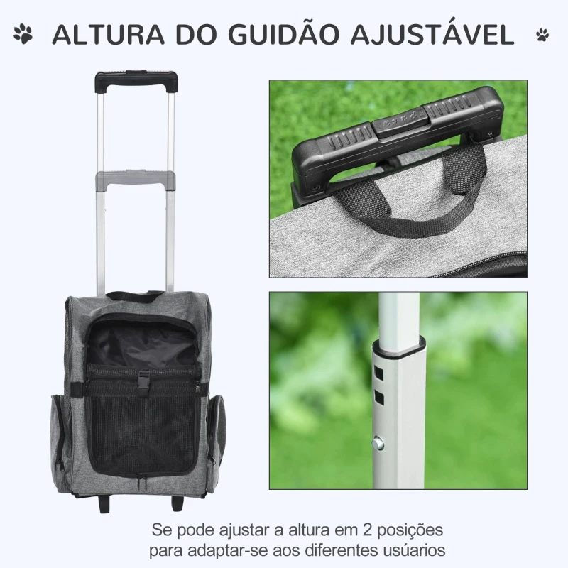 PawHut Transportadora Carrinho para Animais de Estimação 2 em 1 Mochila de Viagem com 2 Rodas para Cães Gatos com Alça Retrátil de Alumínio e Bolso de Armazenamento 42x25x55cm Cinza