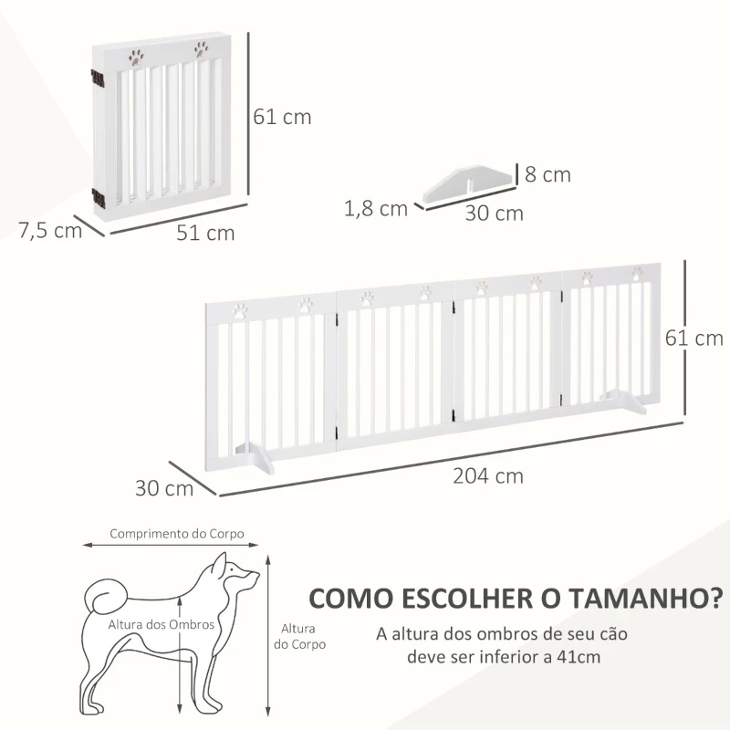 PawHut Barreira de Segurança Dobrável para Cães Grade de Proteção de 4 Painéis com Pés para Portas Escadas Corredor 204x30x61cm Branco