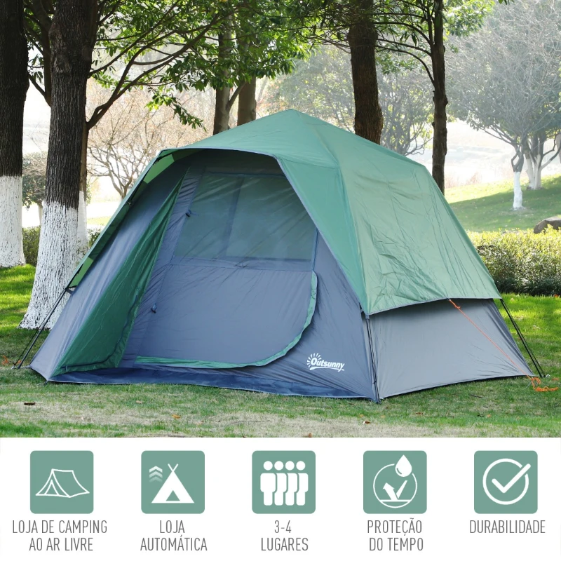 Outsunny Tenda Campismo para 2-3 Pessoas Fácil de Instalar com Gancho para Luz 250x194x160cm Verde