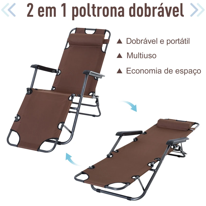 Outsunny Espreguiçadeira Reclinável  Dobrável com Encosto Ajustável Apoio de Braço  Apoio para os Pés Carga 136 kg 135x60x89 cm Marrom