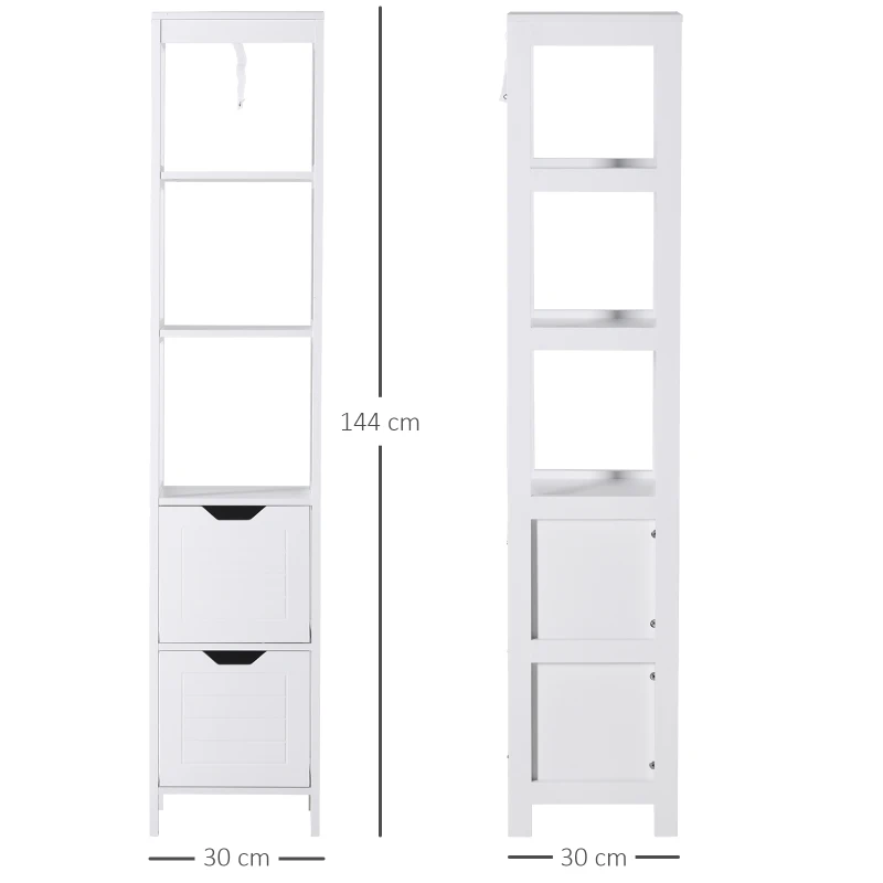 Kleankin Armário de banheiro alto Multiuso 3 prateleiras 2 gavetas 30x30x144 cm Branco