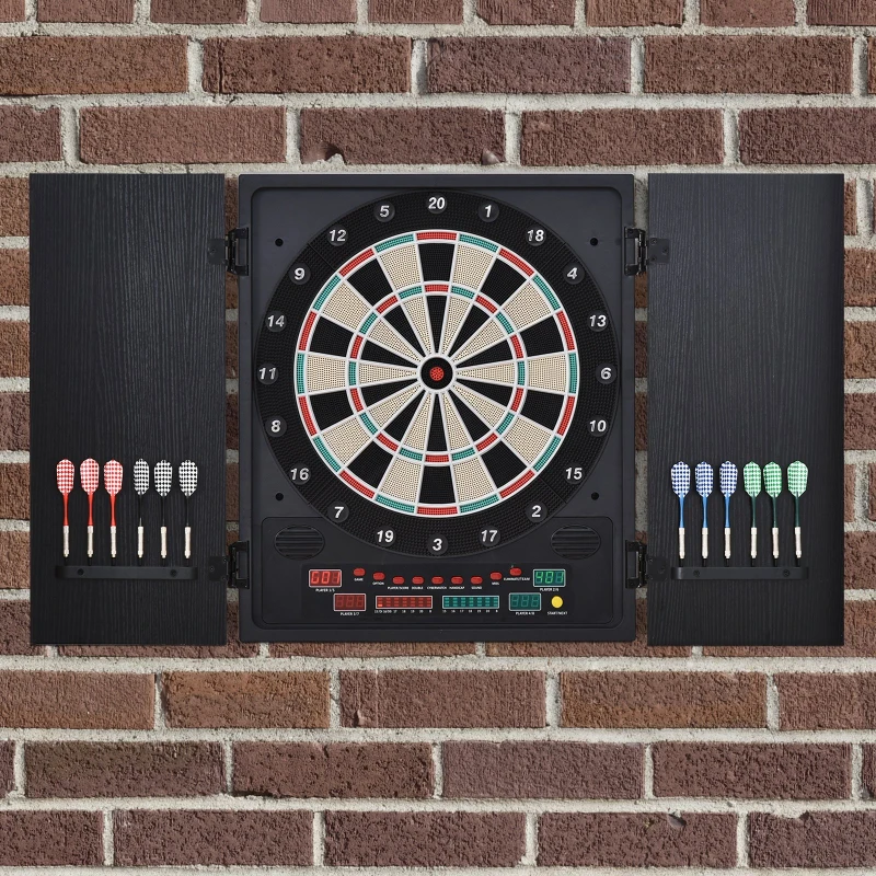 HOMCOM Alvo eletrônico digital para até 8 jogadores com 12 dardos e 30 pontas com portas de tela de LED 27 jogos diferentes 51x6,5x57 cm Preto