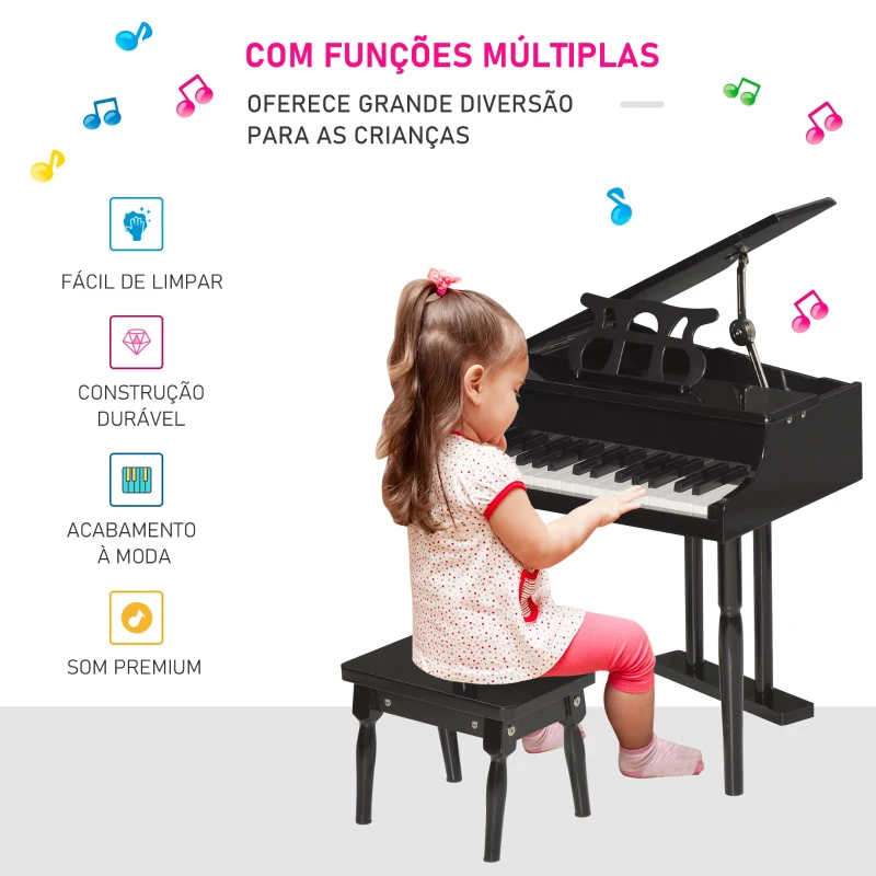 HOMCOM Piano de Cauda Infantil com 30 Teclas Banco Suporte de Partituras Piano para Crianças de MDF Instrumento Musical Educativo 52x50x49cm Preto