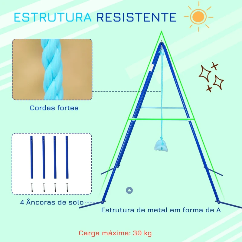Outsunny Baloiço de Metal para Crianças acima de 3 Anos Conjunto de Baloiço com Assento e Corda Infantil para Pátio Jardim Carga Máx. 30 kg 140x120x170 cm Azul