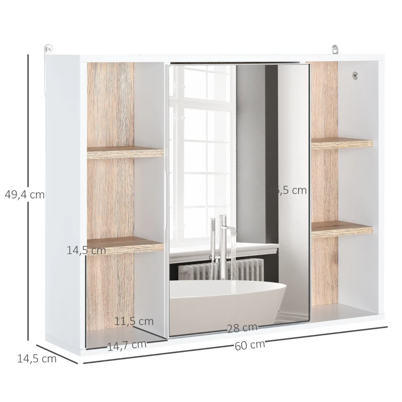 HOMCOM Armário de Espelho com Espaço Interno com Prateleiras Ajustáveis Armário de Banheiro com Prateleiras Abertas 60x14,5x49,4 cm Branco e Carvalho