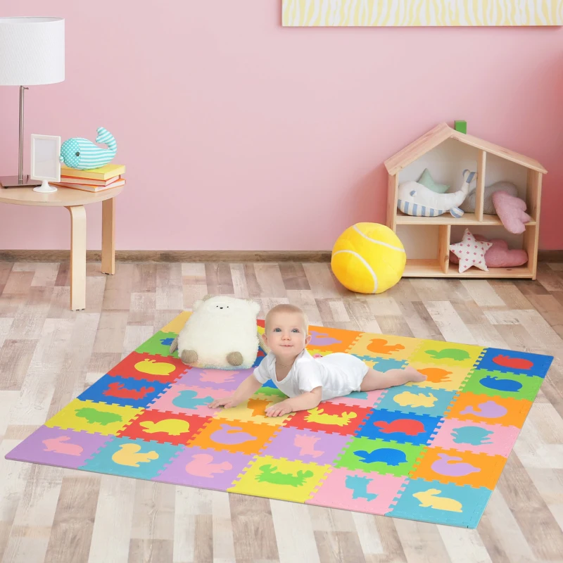 HOMCOM Tapete Puzzle para Bebés 36 Peças 31,5x31,5cm Quebra Cabeças Infantil Modelo de Animais de Espuma EVA Área de Cobertura 3,24m² Multicor