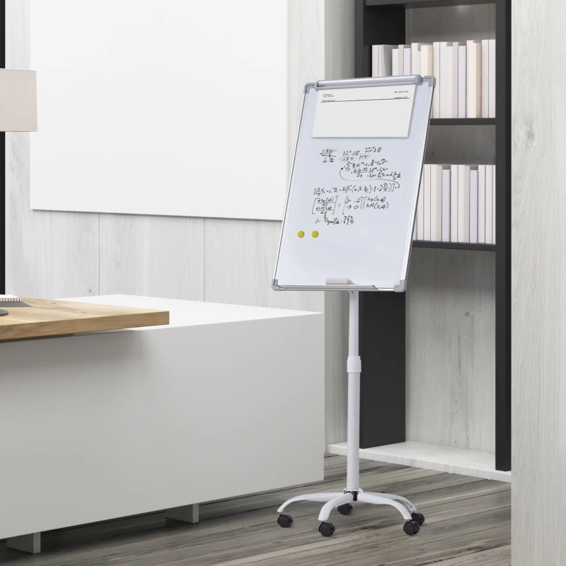 Vinsetto Quadro flip chart Magnético com cavalete Placa magnética  Altura Ajustável Giratória 360° com Bandeja 5 Rodas e Freios Suporte de Metal 62x60x162-194 cm Branco