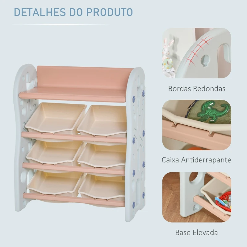 HOMCOM Organizador de Brinquedos para crianças tipo Estante Infantil com 6 Caixas para quarto Sala de Jogos Creche 76x36x92cm Creme Coral Azul