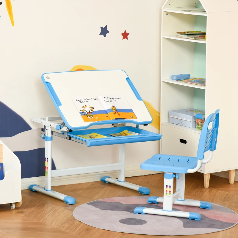 HOMCOM Secretária Infantil 2 em 1 Conjunto de Secretária e Cadeira para Crianças acima de 6 Anos com Altura Ajustável Mesa com Ângulos Regulável e Bandeja Deslizante 66x47x77cm Azul
