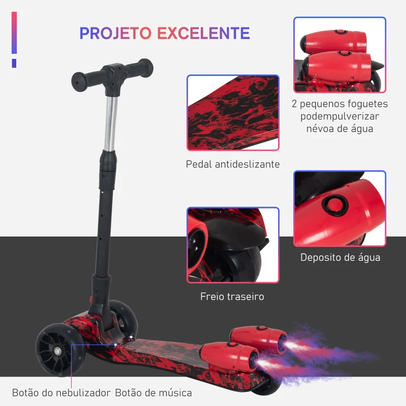 HOMCOM trotinete dobrável para crianças acima de 3 anos com altura ajustável em 4 níveis luzes musica e Nevoeiro de água 61x26x63-81 cm Vermelho
