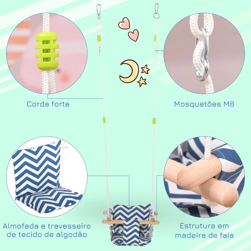 Outsunny Baloiço de bebê ajustável em altura com cinto de segurança interno e externo máx. 80 kg Madeira 40x40x180 cm Azul e Branco