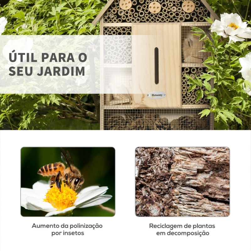 Outsunny Hotel de insetos de 5 andares Casa de insetos de madeira e bambu para abelhas Borboletas Joaninhas Uso ao ar livre em jardim 32x12,5x57 cm Cor natural