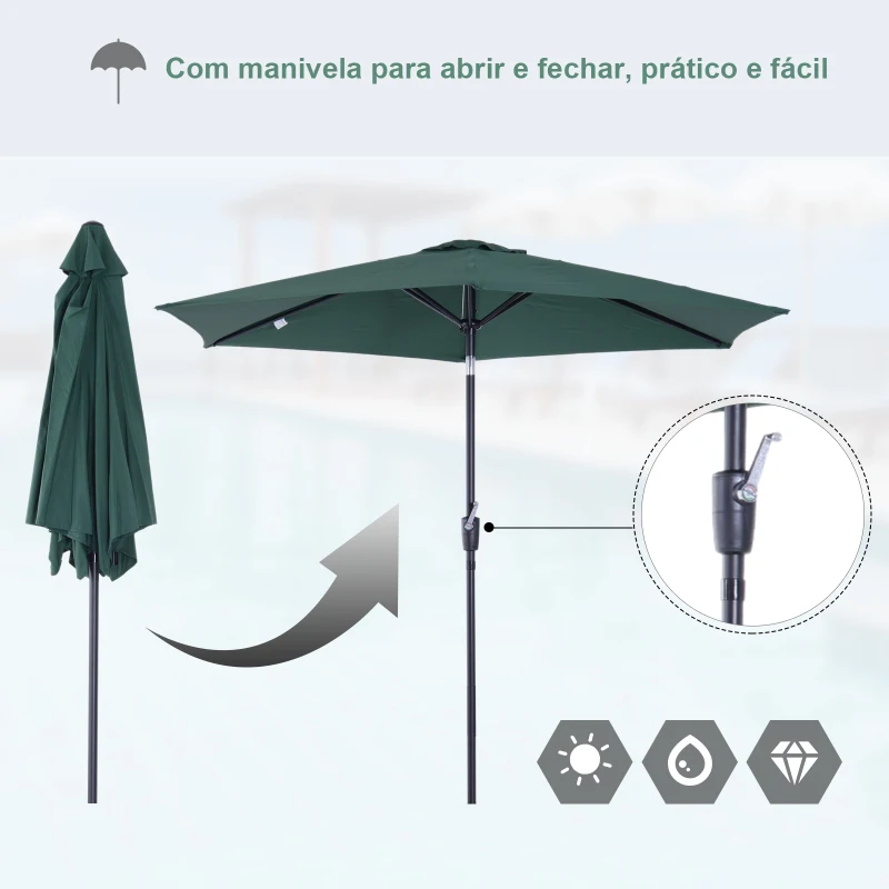 Outsunny Chapéu de Sol de Jardim Ø270x235cm Chapéu de Sol de Alumínio Reclinável com Manivela e 6 Hastes para Terraço Exterior Balcão Verde