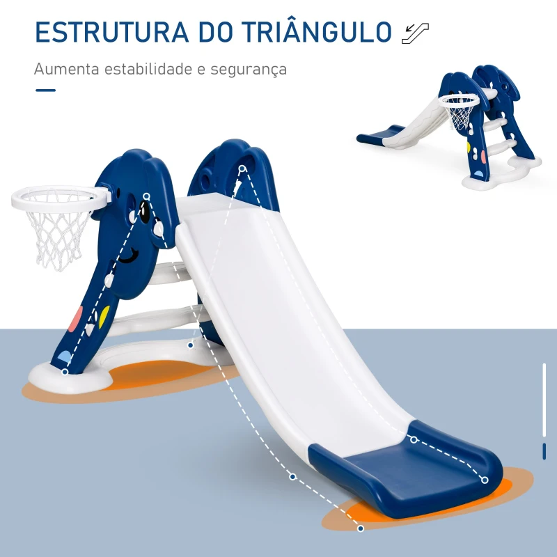 HOMCOM Escorrega infantil para crianças de 2 anos com cesta de basquete Carga 25 kg 160x35x68 cm azul e branco