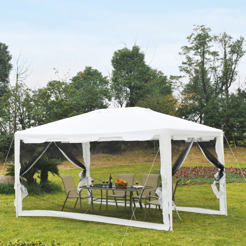 Outsunny Tenda de Jardim 395x295 cm com Redes Mosquiteiras Duplo Teto e Portas com Zíper para Exterior Branco e Preto