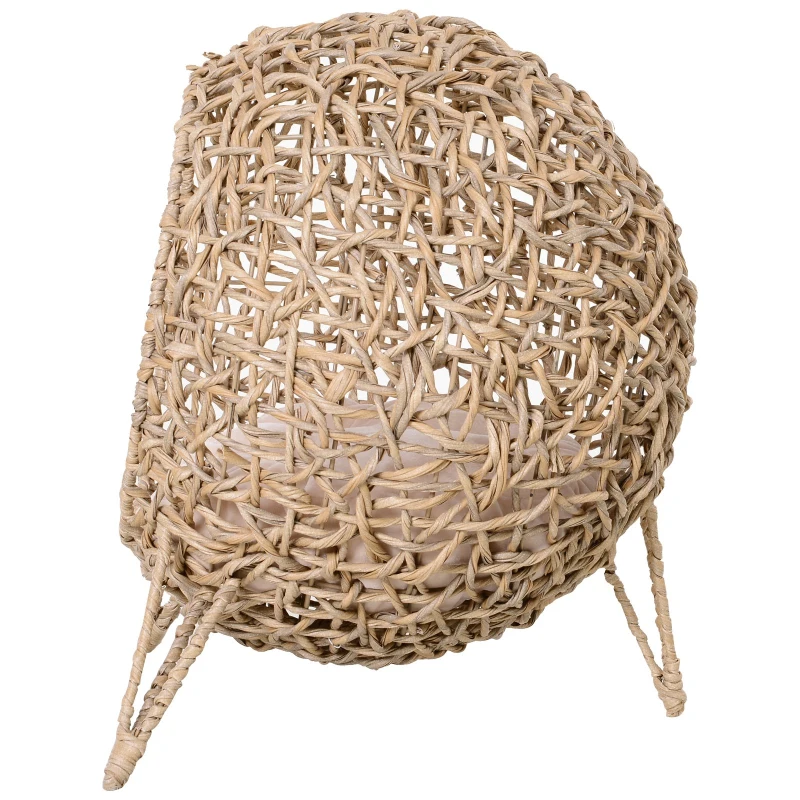 PawHut Cama para Gatos em Vime Sintético com Base de Tripé Almofada com Pelúcia e Algodão Suave Desenho Elevado Ø52x58 cm Madeira