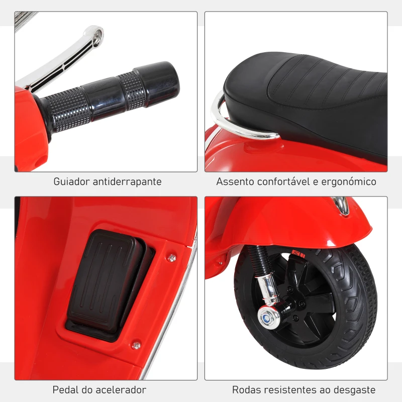 HOMCOM Mota Elétrica para Crianças com Licença Vespa com Música Velocidade 2-3 km/h e Buzina 102x50,5x75,5 cm Vermelha