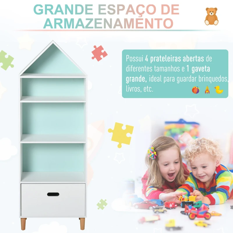 HOMCOM Estante Infantil de madeira com 4 prateleiras 1 gaveta compacta 50x30x142 cm Branco