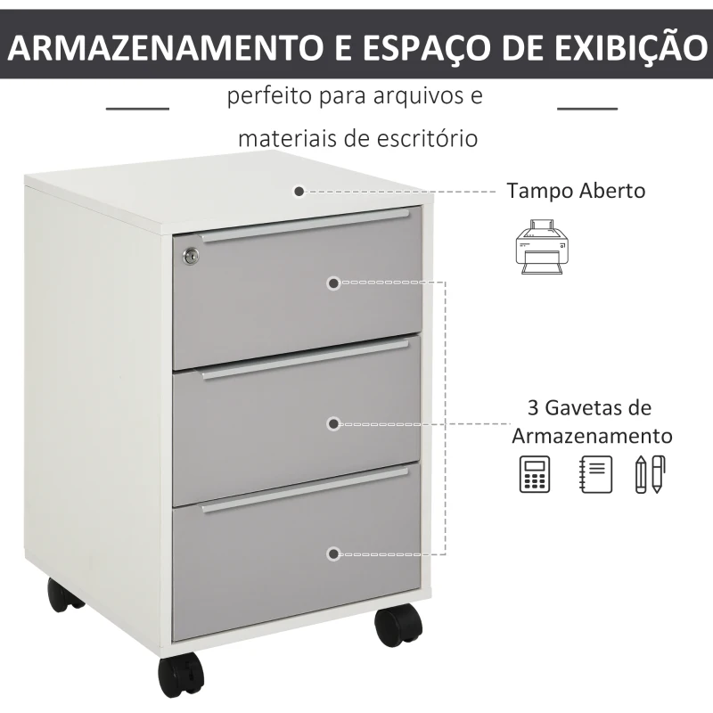 HOMCOM Bloco de Gavetas Móvel de Escritório com 3 Gavetas Fechadura Rodas e Travão para Documentos 40x40x63,5 cm Branco e Cinza