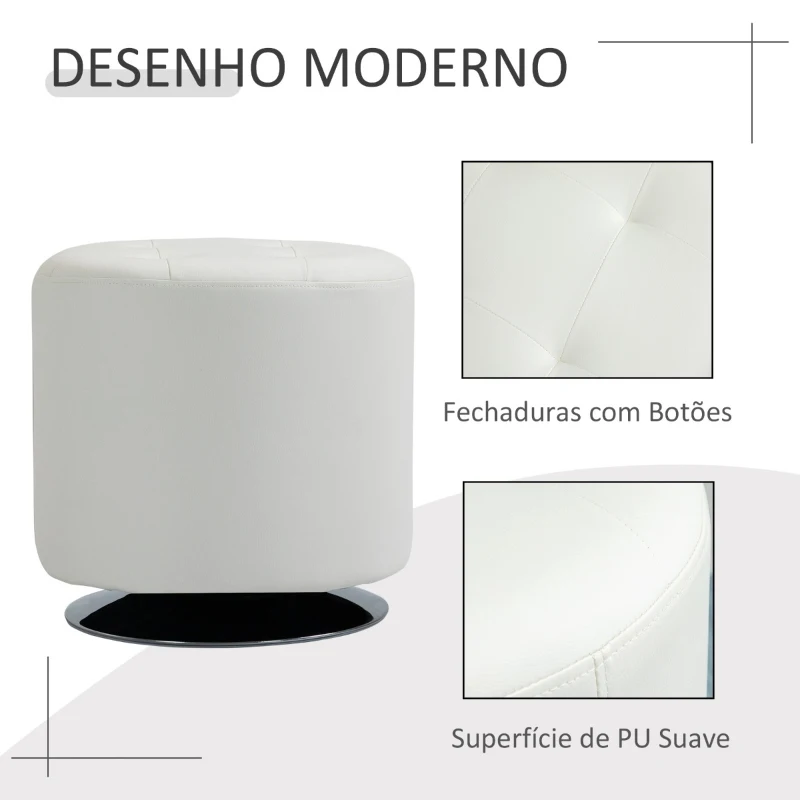 HOMCOM Apoio para os pés Otomano Giratório Banco Puff Redondo Estofado em Couro Sintético de Estilo Moderno para Dormitório Entrada Sala de Estar Ø45,5x44,5cm Branco