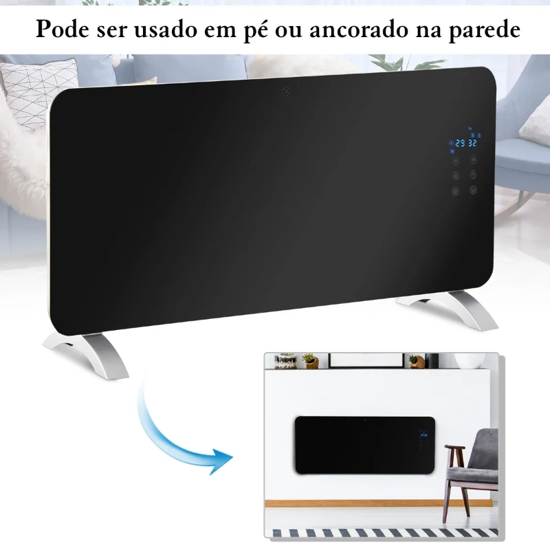 HomCom® Radiador eléctrico Aquecedor de Vidro Convector de Parede/Pé com Ecrã Táctil Temporizador e Controlo Remoto 1000/2000W