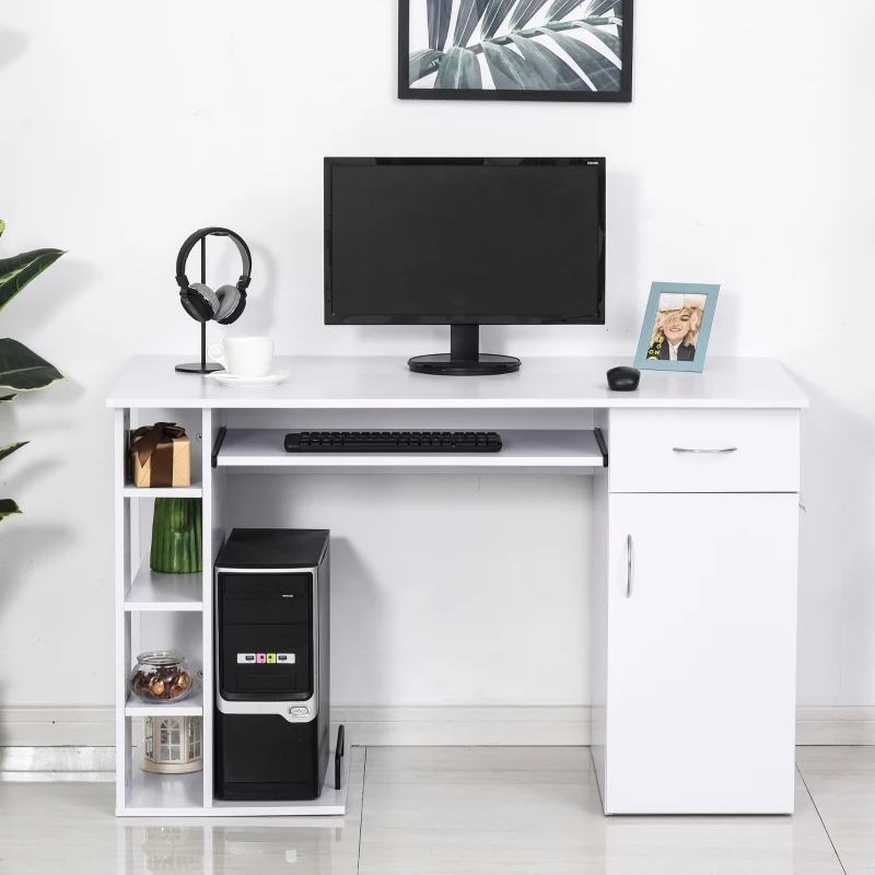 HOMCOM Secretária para Escritório com Prateleiras Abertas Gabinete Suporte para Cpu e Bandeja Removível 120x60x74 cm Branco
