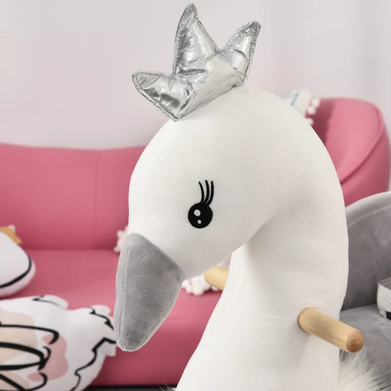 HOMCOM Cavalo Baloiço para Bebés com Forma de Cisnei com Sons Apoio para os Pés e Cinto de Segurança 60x33x59 cm Branco e Cinza