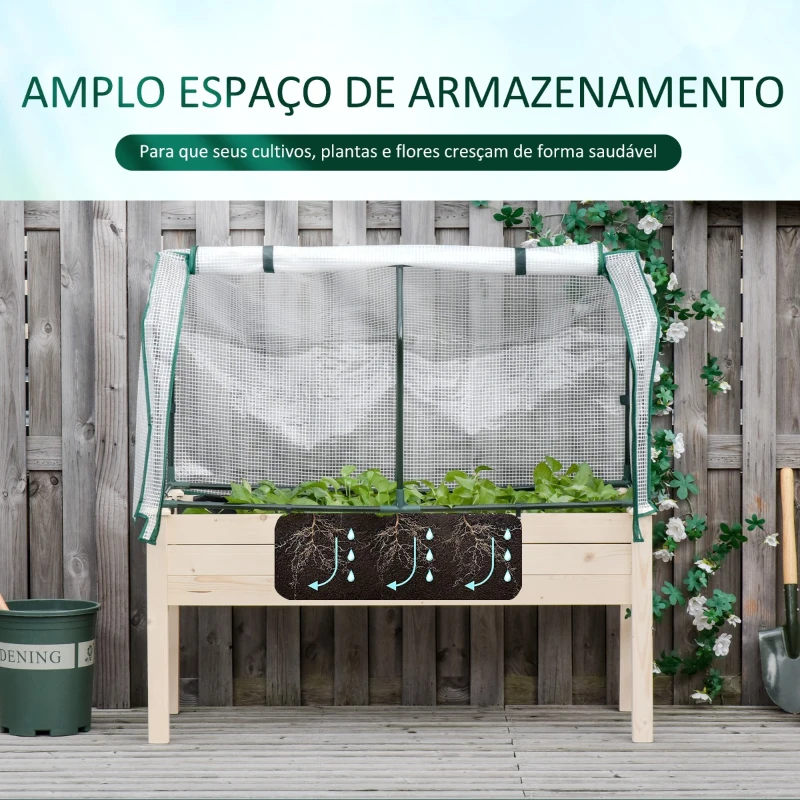 Outsunny Horta Vertical Elevada de Madeira 121x55x117cm com Cobertura de Proteção Mesa de Jardinagem para Cultivo de Flores Vegetais e, Jardim Terraço Madeira Natural