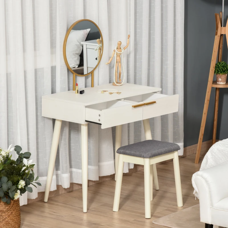 HOMCOM Toucador com Espelho Redondo Mesa de Maquilhagem com 2 Gavetas Estilo Moderno para Dormitório 80x40x123cm Branco