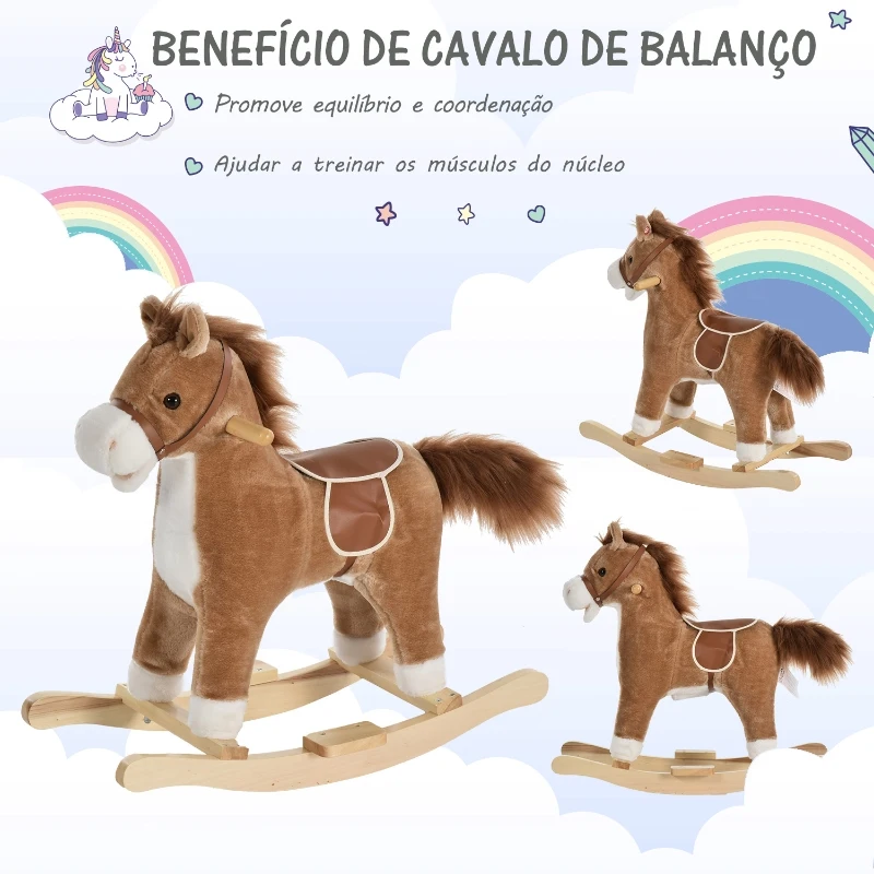 HOMCOM Cavalo Baloiço para Crianças Cavalo Baloiço de Pelúcia Suave com Música Relinchos Sons de Galope Boca e Cauda Móveis 65x32,5x61 cm Marrom