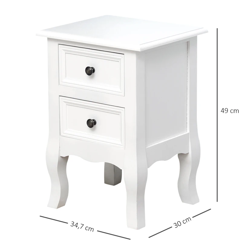HOMCOM Conjunto de 2 Mesas de Cabeceira com 2 Gavetas Armário Auxiliar com Grande Espaço de Armazenamento 34,7x30x49cm Branco