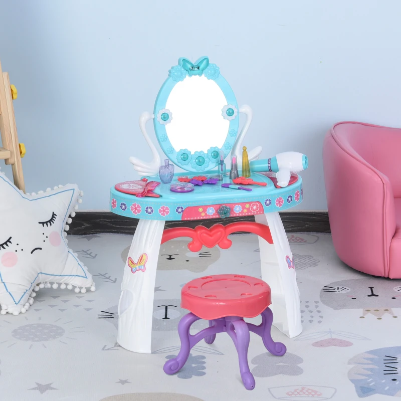 HOMCOM  Penteadeira com banquinho Função de música Luzes para crianças acima de 3 anos Inclui 29 peças penteadeira de brinquedo infantil 49,5x23,5x69,5 cm azul